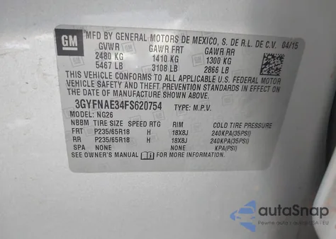 2015 Cadillac Srx Standard z USA, uszkodzony, nr VIN 3GYFNAE34FS620754